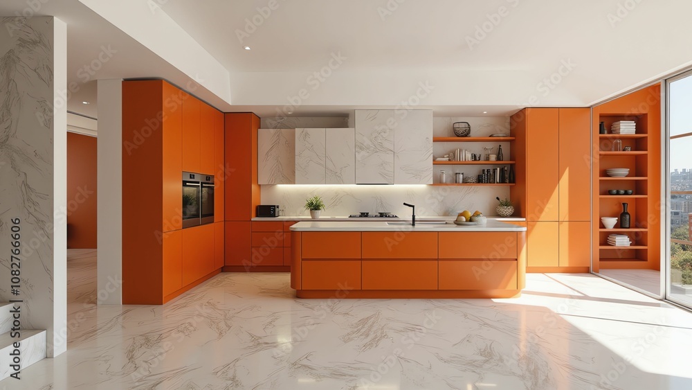 Fototapeta premium Vibrant Orange Modern Kitchen with Sleek Cabinetry and Ample Natural Light