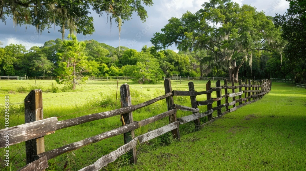 Rustic wooden fence bordering a lush, green field Rustic wooden fence bordering a lush, green field