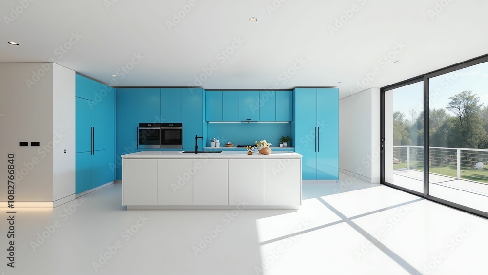 Sleek and Minimalist Light Blue and White Kitchen with Mountain Views Sleek and Minimalist Light Blue and White Kitchen with Mountain Views
