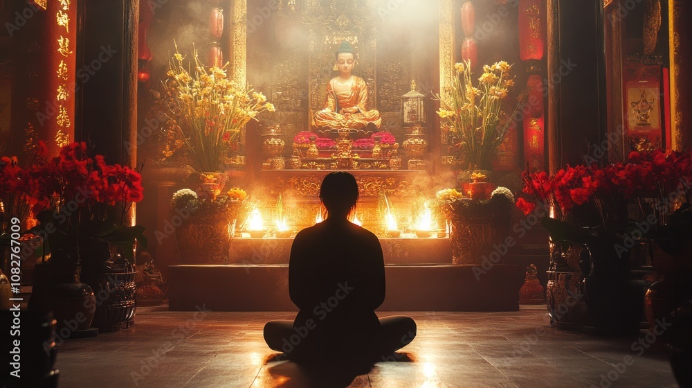 A person bowing in front of a sacred altar, vivid tones capturing the reverence and spiritual connection in a peaceful, sacred setting. A person bowing in front of a sacred altar, vivid tones capturing the reverence and spiritual connection in a peaceful, sacred setting.