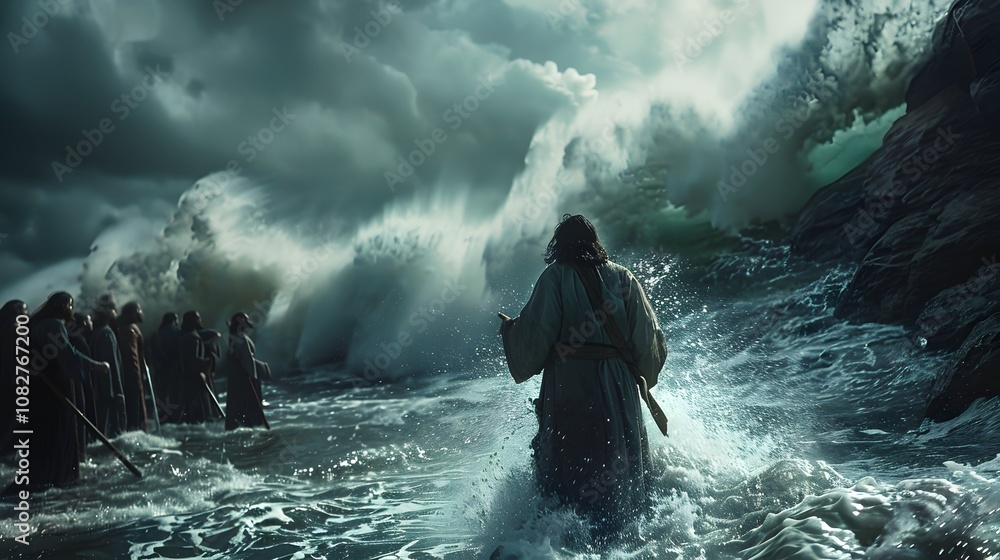 Obraz premium In a stormy sea, Jesus stands with calm and unwavering faith, transforming crashing waves to calm waters, disciples looking on in silent awe, dark clouds lifting to reveal light,