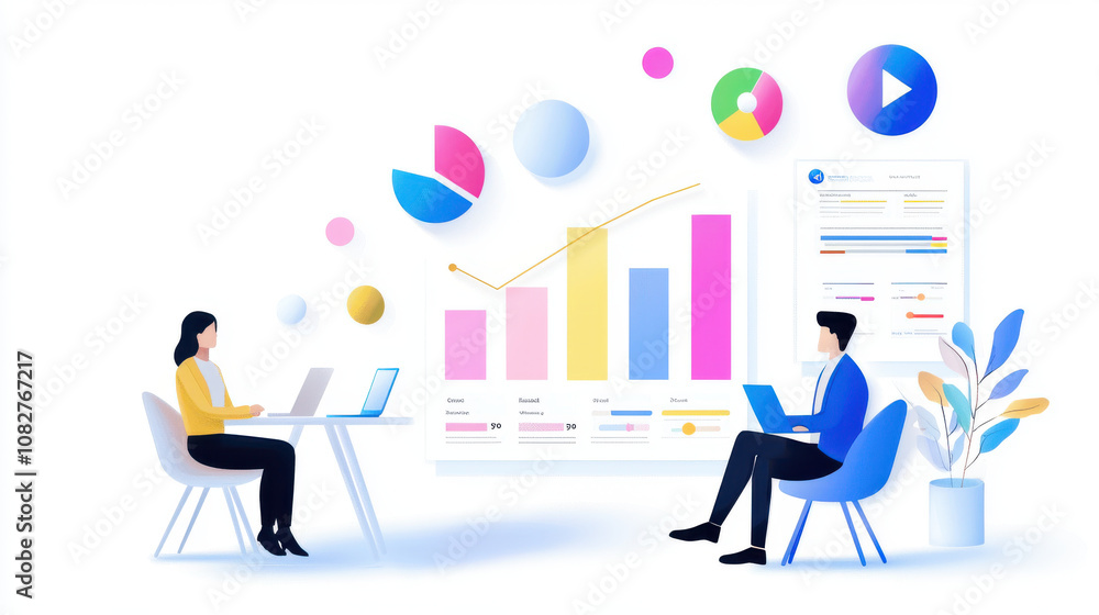 vibrant illustration of two people using laptops to analyze data on customizable analytics dashboard, featuring colorful charts and graphs vibrant illustration of two people using laptops to analyze data on customizable analytics dashboard, featuring colorful charts and graphs