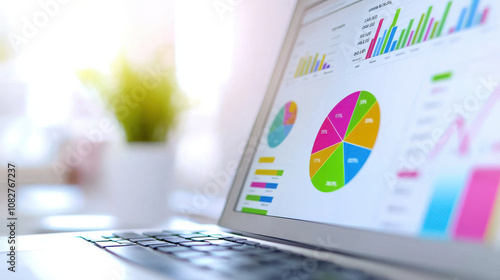 laptop displaying customizable analytics dashboard with colorful charts and graphs, enabling users to monitor data effectively