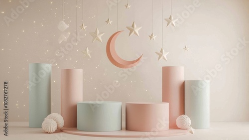 Wallpaper Mural Minimalist Pastel Setup with Golden Crescent and Stars Torontodigital.ca