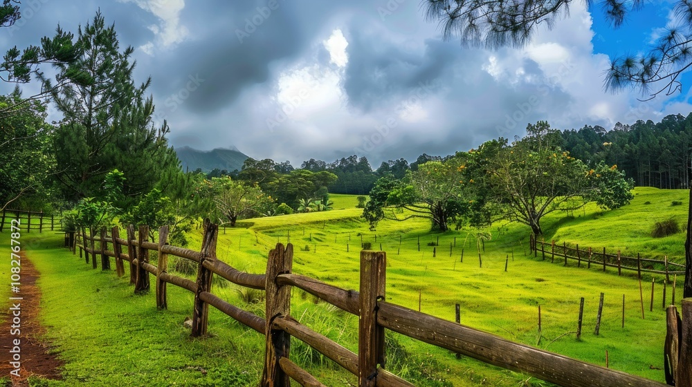 Rustic wooden fence bordering a lush, green field Rustic wooden fence bordering a lush, green field