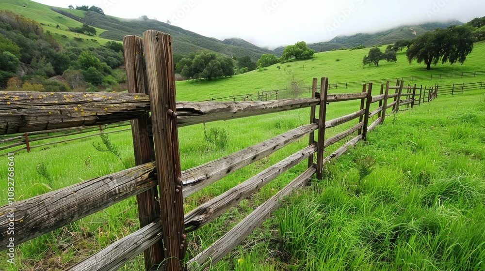Rustic wooden fence bordering a lush, green field Rustic wooden fence bordering a lush, green field