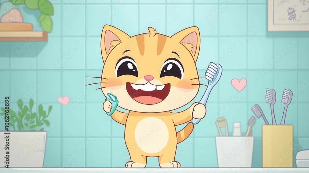 Fototapeta premium A cat happily holds a toothbrush in a bathroom