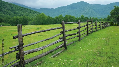 Rustic wooden fence bordering a lush, green field