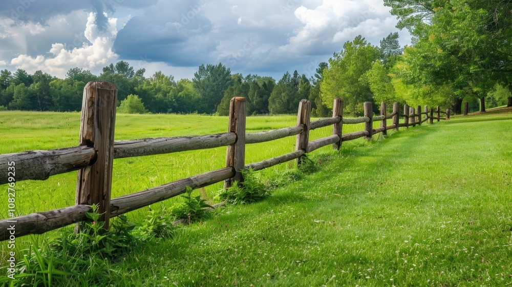 Rustic wooden fence bordering a lush, green field Rustic wooden fence bordering a lush, green field