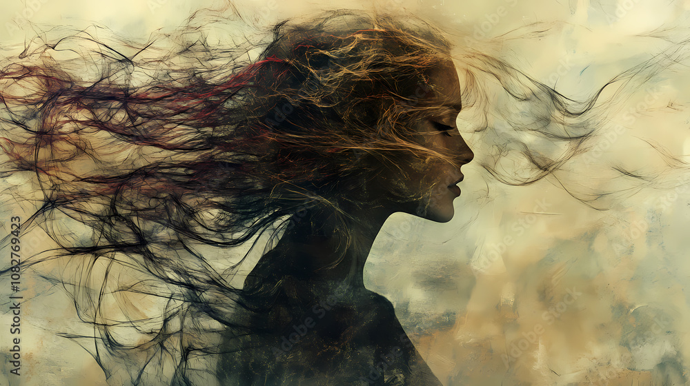 Abstract double exposure of a womans profile blending with flowing winds symbolizing the minds movement thoughts and the ephemeral nature of human emotions. Ephemeral. Illustration Abstract double exposure of a womans profile blending with flowing winds symbolizing the minds movement thoughts and the ephemeral nature of human emotions. Ephemeral. Illustration