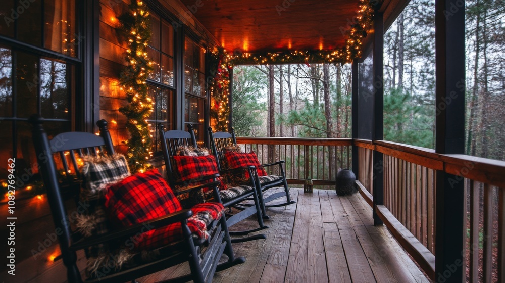 Cozy Porch With Rocking Chairs And Christmas Lights Cozy Porch With Rocking Chairs And Christmas Lights