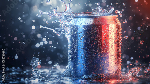 Aluminum soda can in mid-splash, with liquid droplets frozen in the air and a vibrant splash. Ephemeral. Illustration photo