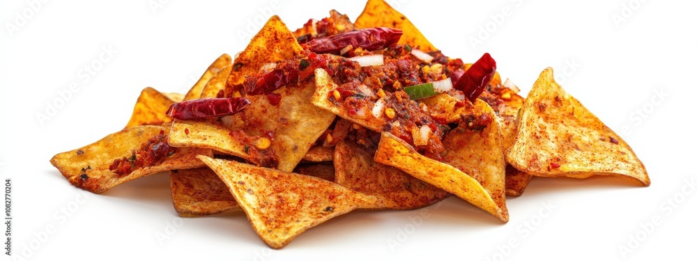 Spicy Potato Chips Garnished with Chili and Onion Rings
Spicy Potato Chips Garnished with Chili and Onion Rings
