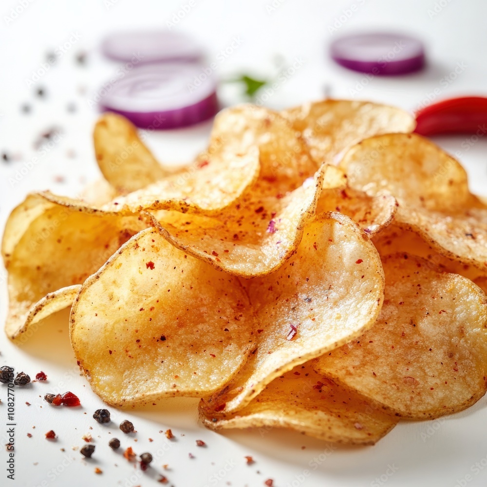 Spicy Potato Chips Garnished with Chili and Onion Rings
Spicy Potato Chips Garnished with Chili and Onion Rings
