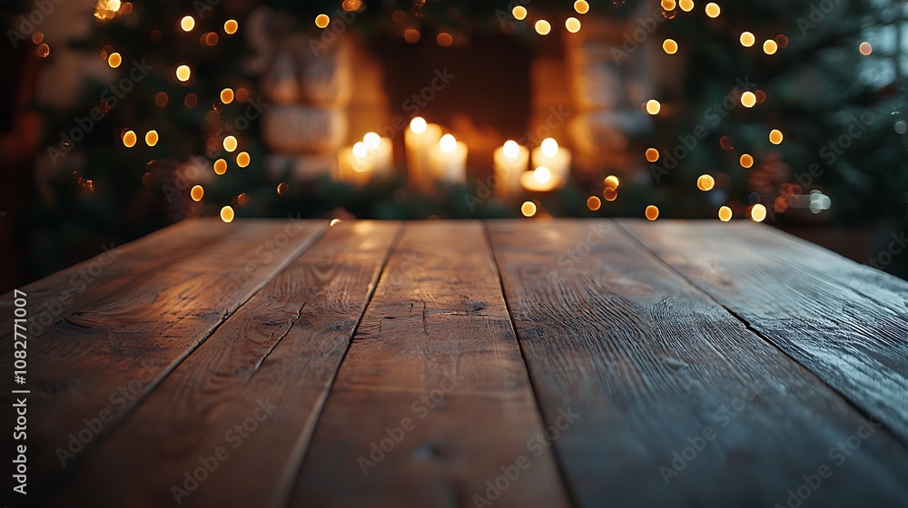 A simple wooden table in focus, with a softly blurred background of pine garlands and glowing candles, creating a natural, cozy holiday atmosphere. --ar 16:9 A simple wooden table in focus, with a softly blurred background of pine garlands and glowing candles, creating a natural, cozy holiday atmosphere. --ar 16:9