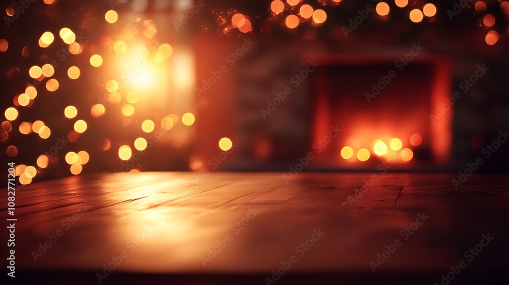 An empty table with the gentle glow of a blurred fireplace and twinkling Christmas lights, a warm, intimate holiday setting with soft shadows and festive atmosphere. --ar 16:9 An empty table with the gentle glow of a blurred fireplace and twinkling Christmas lights, a warm, intimate holiday setting with soft shadows and festive atmosphere. --ar 16:9