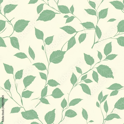 Soft green leafy vines seamless pattern. Light cream background