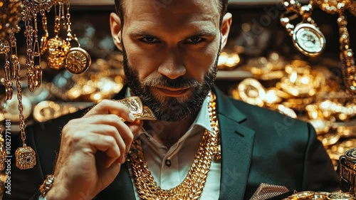 Rich guy showing off his gold necklace, surrounded by symbols of luxury