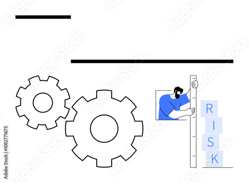 Man in blue shirt measuring stack of blocks labeled RISK near two cogwheels. Ideal for business strategy, risk management, operational efficiency, process optimization, project planning, quality