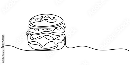 Hamburger in one line drawing. Minimalist fast food concept, Fast Food continuous line drawing with color shapes, Hamburger Continuous Line Illustration, Single continuous line drawing representing.