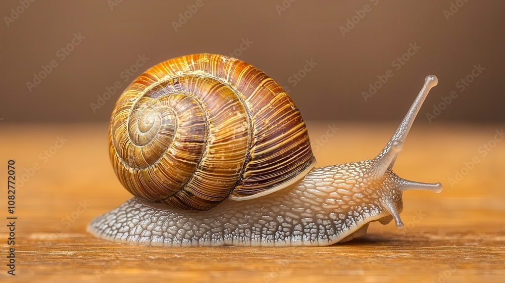 Close-Up of a Beautiful Snail on a Wooden Surface Capturing Intricate Shell Details and Natural Texture in a Warm, Soft-Focused Environment Close-Up of a Beautiful Snail on a Wooden Surface Capturing Intricate Shell Details and Natural Texture in a Warm, Soft-Focused Environment