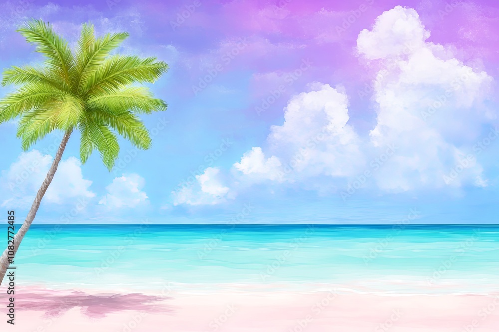 Tropical beach with turquoise waters, palm trees, and serene purple clouds at sunset inviting relaxation Tropical beach with turquoise waters, palm trees, and serene purple clouds at sunset inviting relaxation