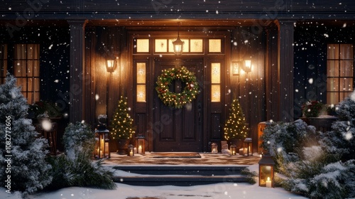 A Festive Christmas Doorway with a Wreath and Lanterns on a Snowy Evening