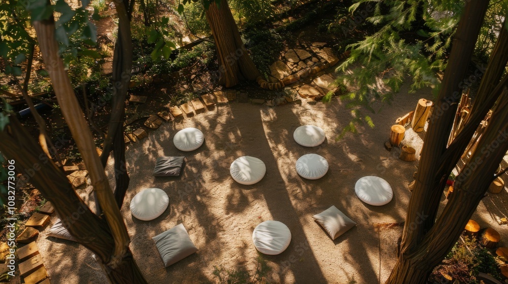 An immersive meditation retreat in a quiet forest clearing, Meditation cushions arranged under towering trees, Nature serenity style An immersive meditation retreat in a quiet forest clearing, Meditation cushions arranged under towering trees, Nature serenity style
