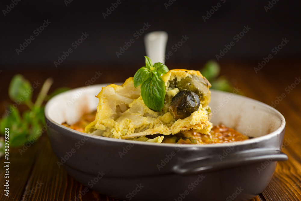 cauliflower and brussels sprouts casserole with cheese, in a ceramic dish on a wooden table cauliflower and brussels sprouts casserole with cheese, in a ceramic dish on a wooden table