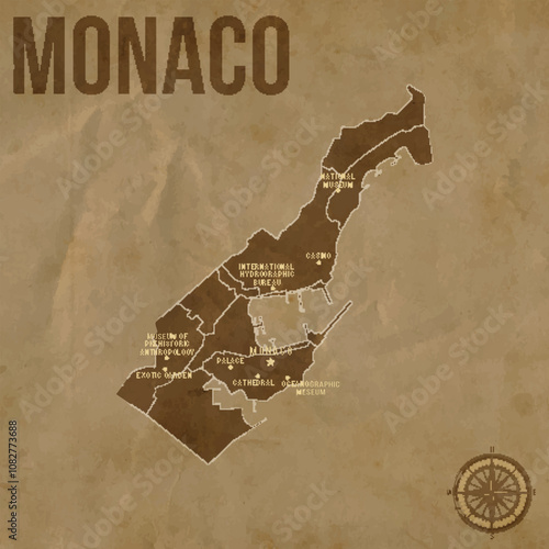 Vintage MONACO Map with Regions Borders and Major Cities Positions