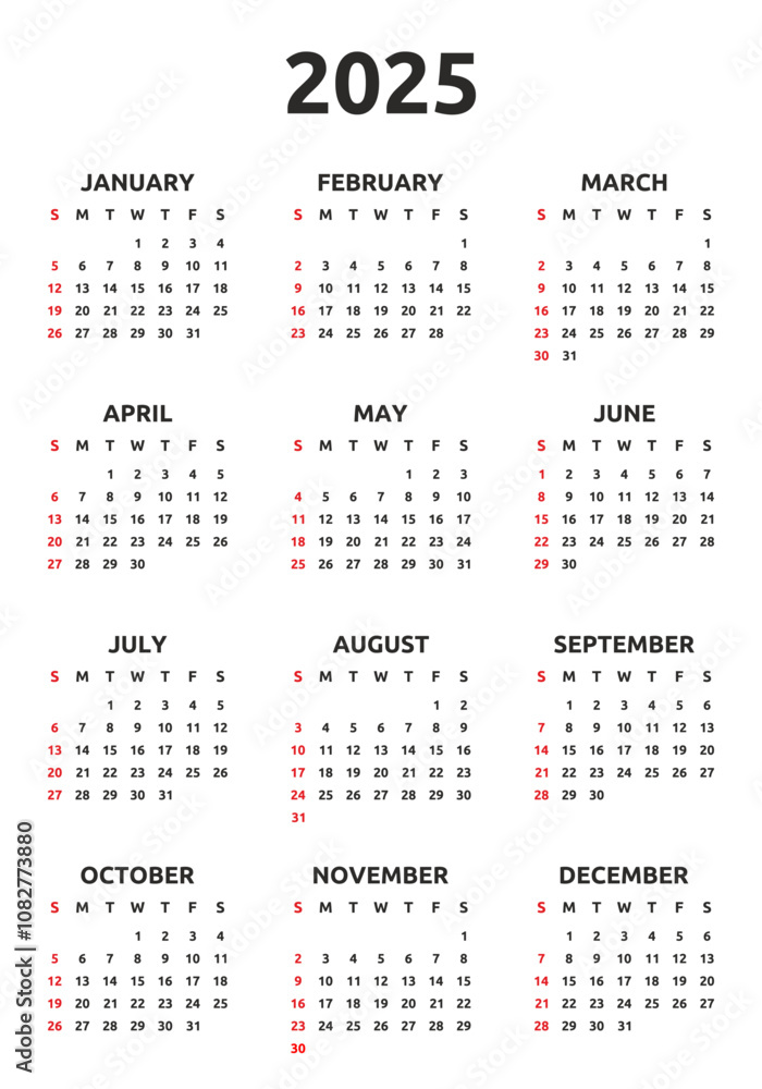 Calendar 2025 year. Week starts Sunday. Simple calender layout. Desk planner template with 12 months. Yearly diary Calendar 2025 year. Week starts Sunday. Simple calender layout. Desk planner template with 12 months. Yearly diary