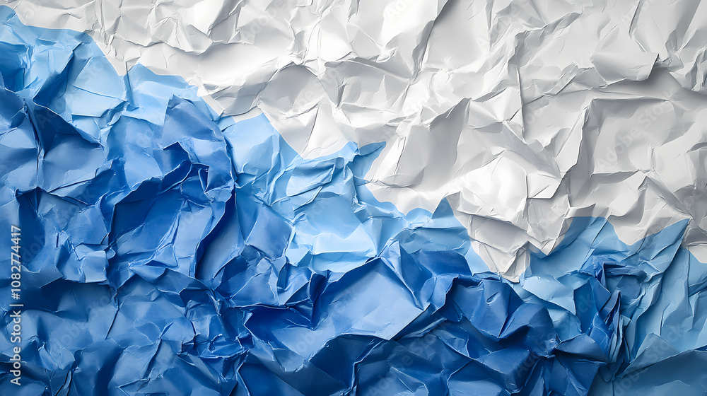 A close-up abstract texture of crumpled blue and white paper, evoking concepts of chaos, movement, change, and the ephemeral nature of things. Ephemeral. Illustration A close-up abstract texture of crumpled blue and white paper, evoking concepts of chaos, movement, change, and the ephemeral nature of things. Ephemeral. Illustration