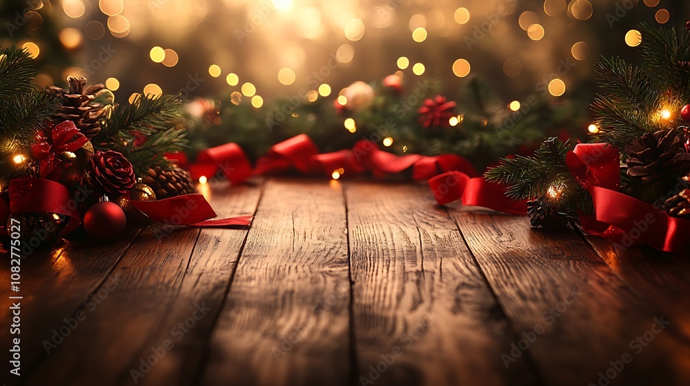 Empty wooden table with a blurred view of red ribbons, green garlands, and golden holiday lights in the background, creating a traditional Christmas setting. --ar 16:9 Empty wooden table with a blurred view of red ribbons, green garlands, and golden holiday lights in the background, creating a traditional Christmas setting. --ar 16:9