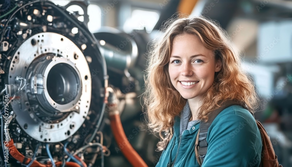 Confident Female Engineer Working On Aircraft Engine In Aviation Maintenance Facility Confident Female Engineer Working On Aircraft Engine In Aviation Maintenance Facility