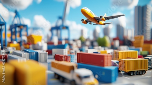 Airplane Taking Off Above a Busy Shipping Dock with Colorful Cargo Containers and Cranes on a Bright Sunny Day in a Modern Urban Environment photo