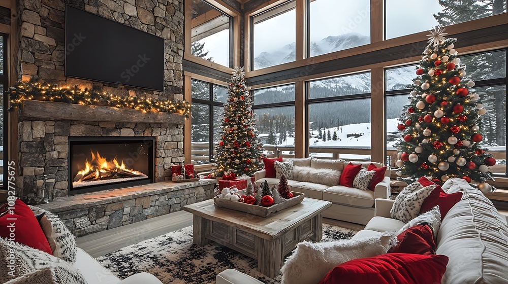 Ski lodge-inspired Christmas living room with a large stone fireplace, rustic decor, and a traditional tree adorned with red and white ornaments Ski lodge-inspired Christmas living room with a large stone fireplace, rustic decor, and a traditional tree adorned with red and white ornaments
