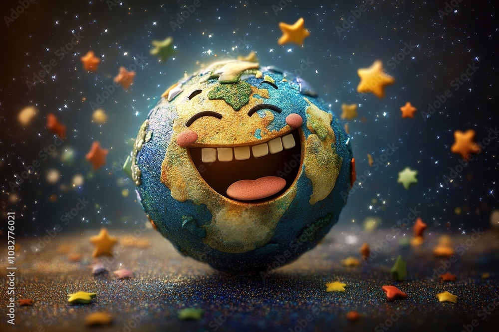 April Fool's Day, Globe with a cheerful smile surrounded by stars April Fool's Day, Globe with a cheerful smile surrounded by stars