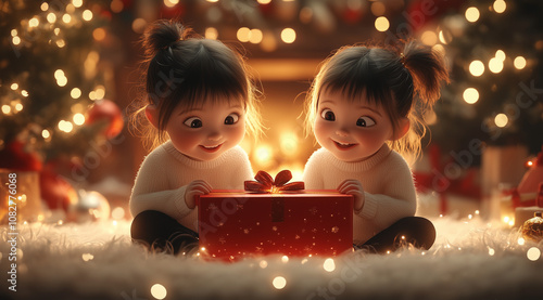 Illustration of The magic of Christmas is reflected in the smiles of two little girls when they discover a shiny toy inside their gift.