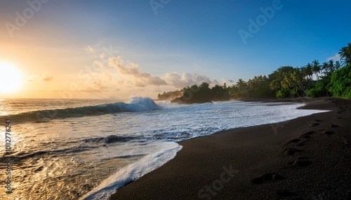 Wallpaper Mural Crashing Ocean Waves Against a Volcanic Black Sand Beach, Surrounded by Lush Tropical Trees and Captured at Sunrise for a Stunning Coastal Landscape Torontodigital.ca