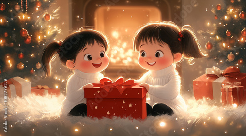 Illustration of Two happy little girls open their Christmas present and discover a light-up toy under a background full of lights and sparkling stars.