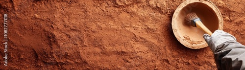 An archaeologist brushing dust off an ancient artifact in a remote dig site photo