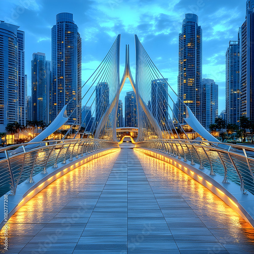 Modern pedestrian bridge with illuminated walkway and skyscrapers in the background at twilight.