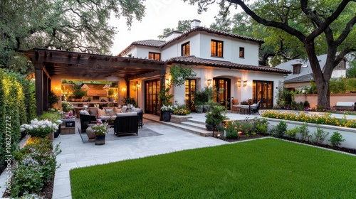 Wallpaper Mural A modern Mediterranean style home with a large patio, pergola, and lush landscaping. Torontodigital.ca