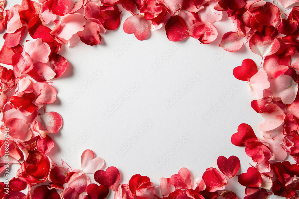 An artful arrangement of red and pink petals with heart shapes forming a frame around a blank white center, providing ample copy space for text or messages. Copy space in the center An artful arrangement of red and pink petals with heart shapes forming a frame around a blank white center, providing ample copy space for text or messages. Copy space in the center