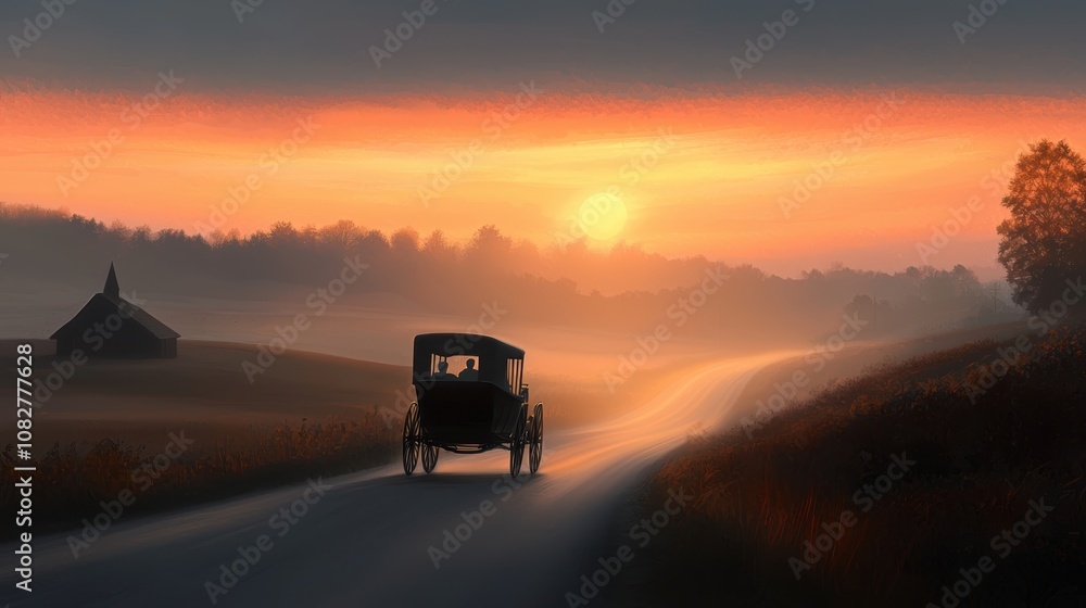 Fototapeta premium Dust rising in the wake of a horse-drawn carriage on a sunlit country road