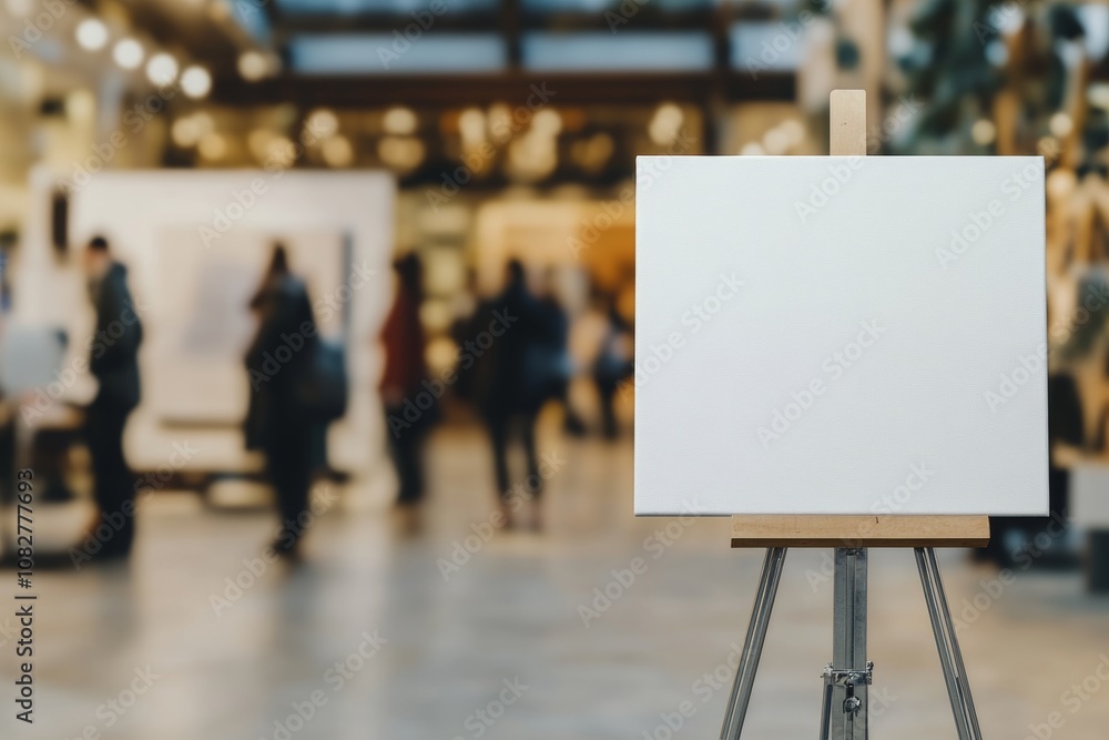 A large blank canvas on a metal stand positioned in a contemporary art gallery with visitors and soft neutral lighting A large blank canvas on a metal stand positioned in a contemporary art gallery with visitors and soft neutral lighting