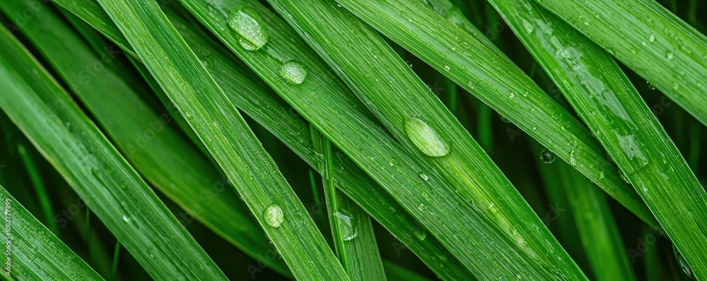 Fresh Green Grass Blades with Water Drops: A Close-Up View Capturing the Natural Beauty and Textures of Lush Vegetation, Perfect for Nature-Themed Projects and Designs Fresh Green Grass Blades with Water Drops: A Close-Up View Capturing the Natural Beauty and Textures of Lush Vegetation, Perfect for Nature-Themed Projects and Designs
