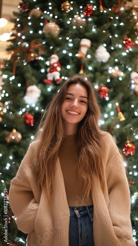 A woman smiles brightly in front of a decorated Christmas tree