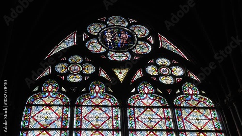 Stained glass window, Notre Dame Cathedral, Paris, Île-de-France, France