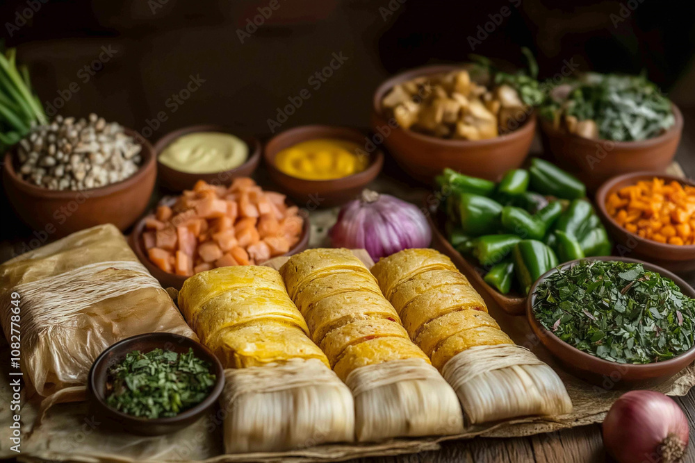 Fototapeta premium Tradición culinarialatinoamericana con tamales envueltas en hojas de maiz, rodeadas de guarniciones coloridas 